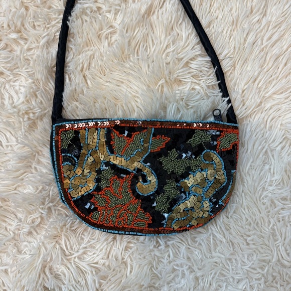 Vintage half moon shoulder bag Cristal embellished fabric with zip black gold - Picture 4 of 7